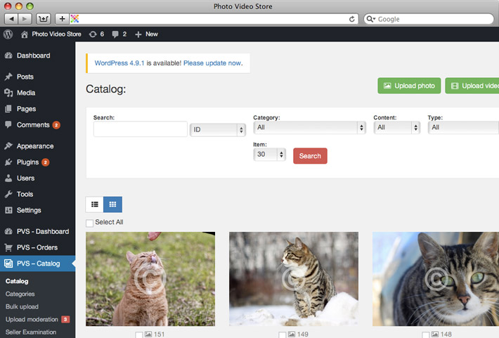 Admin panel Catalog for Photo Store admin Wordpress plugin